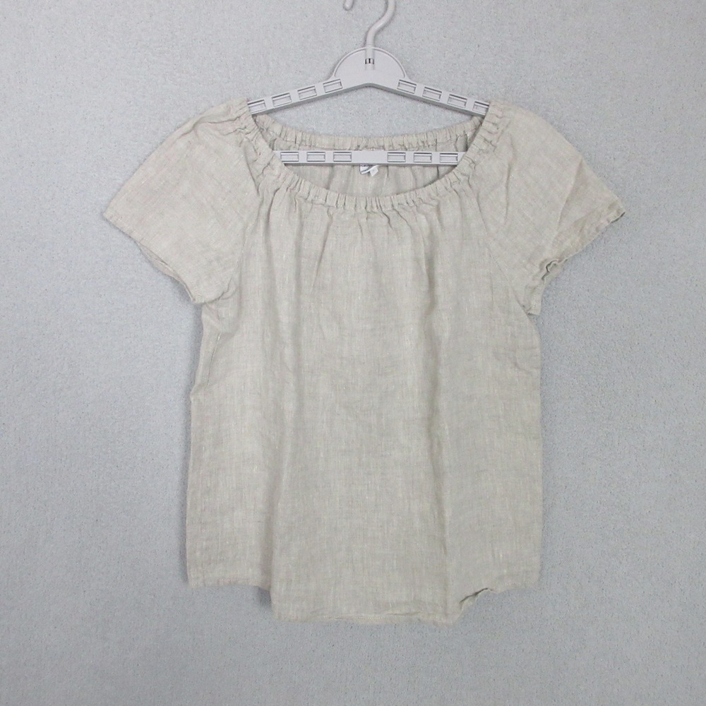 Crown Linen Designs Blouse Womens Small Oatmeal 100% Linen Elastic Neck Top